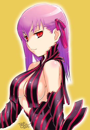 task owner, dark matou sakura, dark sakura, matou sakura, fate/stay night, fate (series), striped, 00s, 1girl, adapted costume, breasts, cleavage, dark persona, female focus, hair ribbon, medium breasts, purple hair, red eyes, ribbon, sideboob, smile, solo