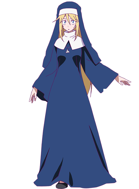 ootsu nao, heion sedai no idaten-tachi, official art, 1girl, anime coloring, black shoes, blonde hair, blue dress, breasts, dress, flats, full body, gil (heion sedai no idaten-tachi), hair between eyes, hand up, long dress, long hair, looking at viewer, medium breasts, neck ribbon, nun, open mouth, parted lips, ribbon, shoes, sidelocks, simple background, solo, standing, transparent background, veil, wide sleeves