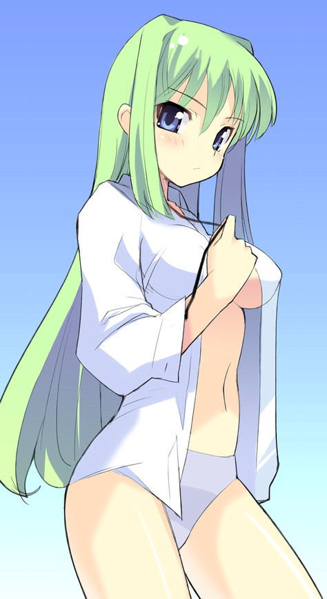 sikorsky, 1girl, blue eyes, blush, breasts, dress shirt, female focus, green hair, long hair, navel, no pants, open clothes, open shirt, panties, shirt, solo, standing, underwear, white panties