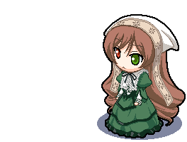 kikujin, suiseiseki, rozen maiden, animated, animated gif, lowres, 00s, 1girl, dress, female focus, green dress, headscarf, heterochromia, long hair, long sleeves, solo, transparent background, very long hair, white headscarf