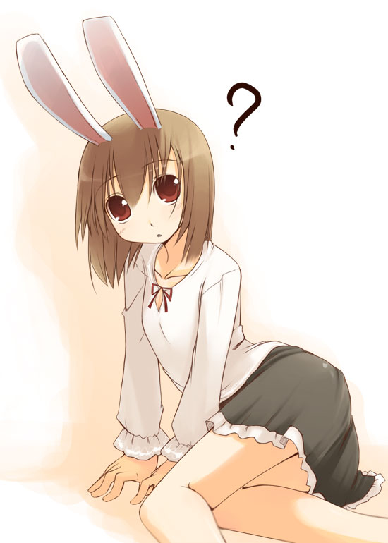 jirou (chekoro), 1girl, ?, animal ears, brown eyes, brown hair, female focus, rabbit ears, short hair, skirt, solo