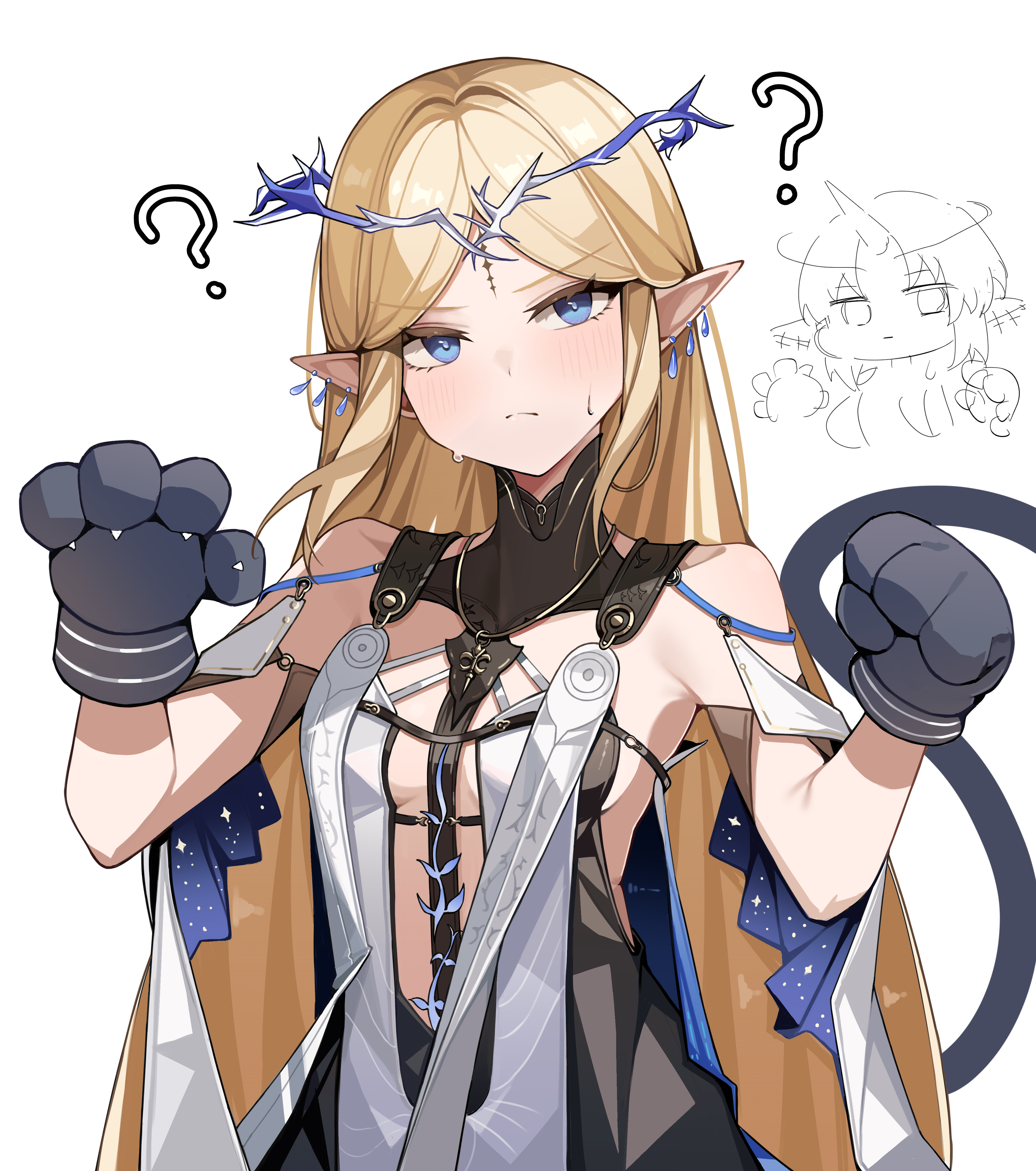 oxooxo666, cartethyia (wuthering waves), fleurdelys (wuthering waves), wuthering waves, absurdres, commentary, highres, symbol-only commentary, 2girls, ?, animal hands, black collar, black dress, blonde hair, blue eyes, blush, breasts, closed mouth, collar, crown of thorns, dress, dual persona, earrings, gloves, jewelry, long hair, looking at viewer, multiple earrings, multiple girls, necklace, parted bangs, paw gloves, pointy ears, sidelocks, simple background, small breasts, solo focus, sweat, tabard, tacet mark (wuthering waves), upper body, very long hair, white background, white tabard