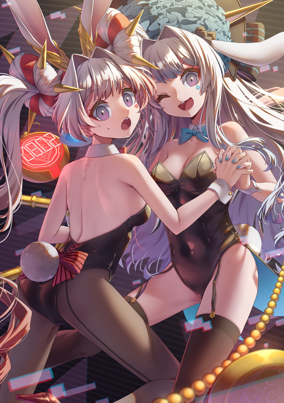 shun no shun, maliss <p> march hare, maliss <p> white rabbit, yu-gi-oh!, highres, 2girls, alternate costume, animal ears, backless leotard, backless outfit, bare shoulders, black leotard, black pantyhose, black thighhighs, breasts, cleavage, collarbone, covered navel, detached collar, duel monster, frilled hat, frills, garter straps, gradient hair, hair intakes, hat, holding, holding hands, leotard, long hair, looking at viewer, looking back, medium breasts, multicolored hair, multiple girls, one eye closed, open mouth, pantyhose, pink eyes, playboy bunny, rabbit ears, rabbit girl, rabbit tail, red hair, smile, spiked hair ornament, strapless, strapless leotard, tail, thighhighs, twintails, very long hair, white hair, wrist cuffs