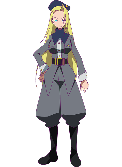 ootsu nao, piscalat, heion sedai no idaten-tachi, official art, 1girl, anime coloring, belt, black belt, black boots, blonde hair, blue eyes, blue hat, boots, breasts, closed mouth, collared jacket, curtained hair, full body, grey jacket, grey pants, hand on own hip, hat, jacket, large breasts, long hair, long sleeves, looking at viewer, military hat, narrow waist, pants, shirt, simple background, smile, solo, standing, transparent background, tsurime, untucked shirt, v-shaped eyebrows, very long hair