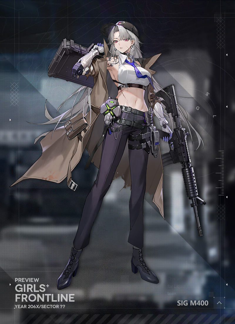 yoyo (550098), sig m400 (girls' frontline), girls' frontline, official art, 1girl, assault rifle, baseball cap, black pants, black shoes, blue necktie, boots, briefcase, brown coat, character name, coat, collared shirt, crop top, english text, grey hair, gun, hat, high heel boots, high heels, holding, holding briefcase, holding gun, holding weapon, lace-up boots, long hair, looking at viewer, mechanical arms, midriff, necktie, open clothes, open coat, pants, red eyes, rifle, scar, scar on face, shirt, shoes, sideless shirt, sig m400, sleeveless, sleeveless shirt, trigger discipline, weapon