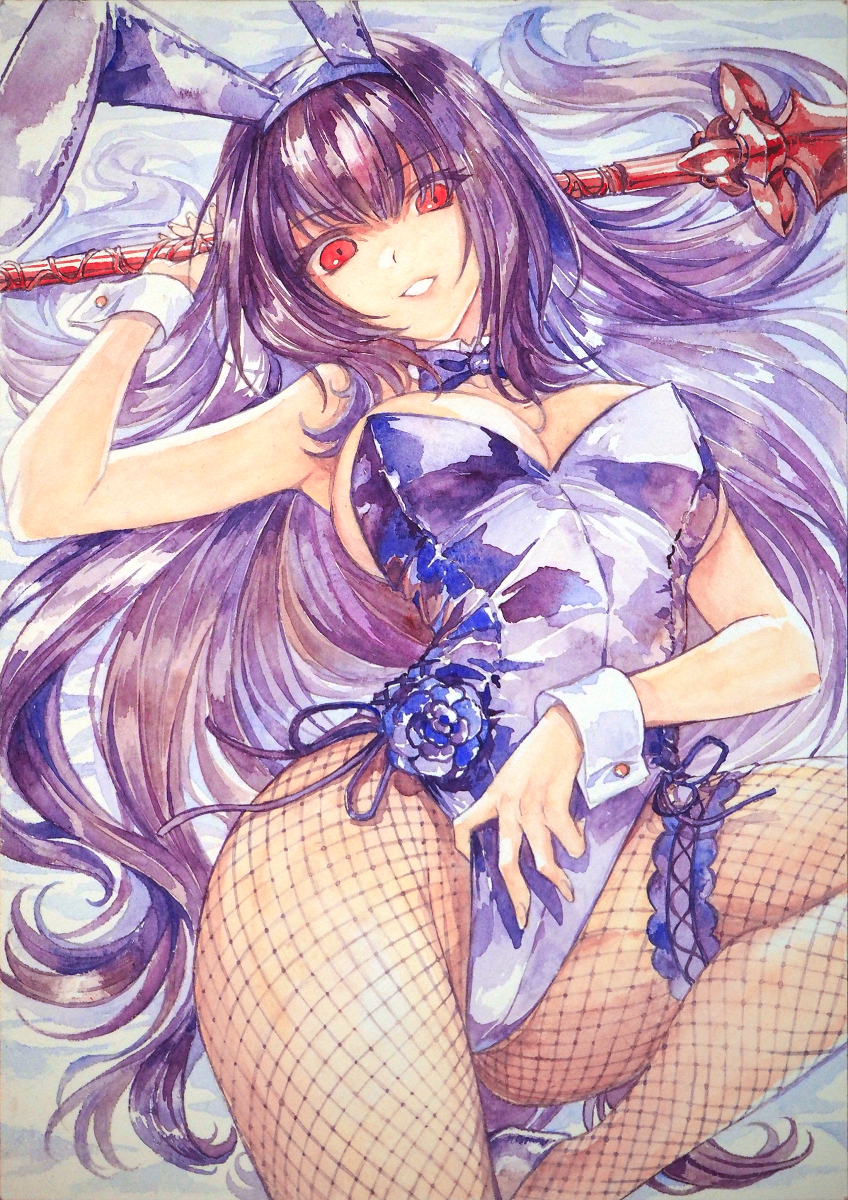 chikinan tarou, scathach (fate), scathach (piercing bunny) (fate), fate/grand order, fate (series), highres, 1girl, animal ears, bow, bowtie, breasts, cowboy shot, detached collar, eyelashes, fake animal ears, fishnet pantyhose, fishnets, gae bolg (fate), hairband, highleg, highleg leotard, holding, holding polearm, holding weapon, large breasts, leotard, long hair, looking at viewer, lying, on back, pantyhose, parted lips, playboy bunny, polearm, purple bow, purple bowtie, purple hair, purple hairband, purple leotard, rabbit ears, red eyes, solo, strapless, strapless leotard, teeth, very long hair, weapon, wrist cuffs