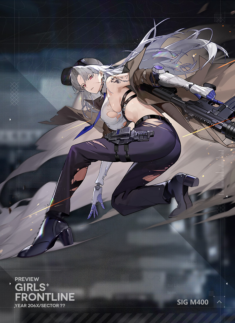 yoyo (550098), sig m400 (girls' frontline), girls' frontline, sig sauer, official art, 1girl, assault rifle, baseball cap, black background, black pants, black shoes, blue necktie, boots, breasts, brown coat, character name, coat, collared shirt, crop top, english text, full body, grey hair, gun, hand up, hat, holding, holding gun, holding weapon, lace-up boots, long hair, mechanical arms, midriff, necktie, open clothes, open coat, pants, red eyes, rifle, scar, scar on face, shirt, shoes, sideless shirt, sig m400, sleeveless, sleeveless shirt, torn clothes, torn coat, torn pants, torn shirt, trigger discipline, under fire, watermark, weapon