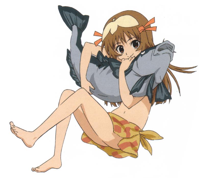 sakai kyuuta, re mii, zoids, zoids genesis, official art, scan, scan artifacts, 00s, 1girl, barefoot, brown eyes, brown hair, feet, female focus, fish, full body, hair ornament, hair ribbon, holding, hug, leg lift, long hair, navel, ribbon, sarong, simple background, sitting, smile, solo