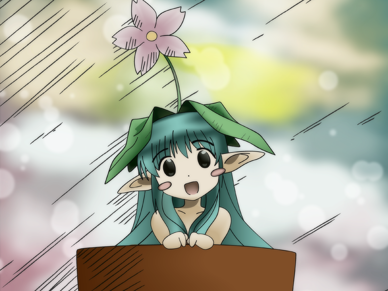 sore, mahoraba, pot, derivative work, highres, vector trace, 00s, flower, green hair, monster girl, plant, plant girl, pointy ears, potted plant, solo