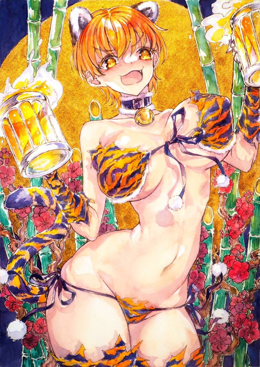 chikinan tarou, jaguarman (fate), fate/grand order, fate (series), highres, painting (medium), traditional media, watercolor (medium), 1girl, :3, alcohol, animal ears, animal print, bamboo, beer, beer glass, beer mug, bell, bikini, cowboy shot, cup, curvy, fang, flower, holding, holding cup, jaguar ears, light blush, moon, mug, narrow waist, navel, neck bell, open mouth, orange eyes, orange hair, panties, pom pom (clothes), print bikini, red flower, short hair, side-tie panties, smile, solo, string bikini, swimsuit, tail, tiger print, tiger tail, underwear, wide hips