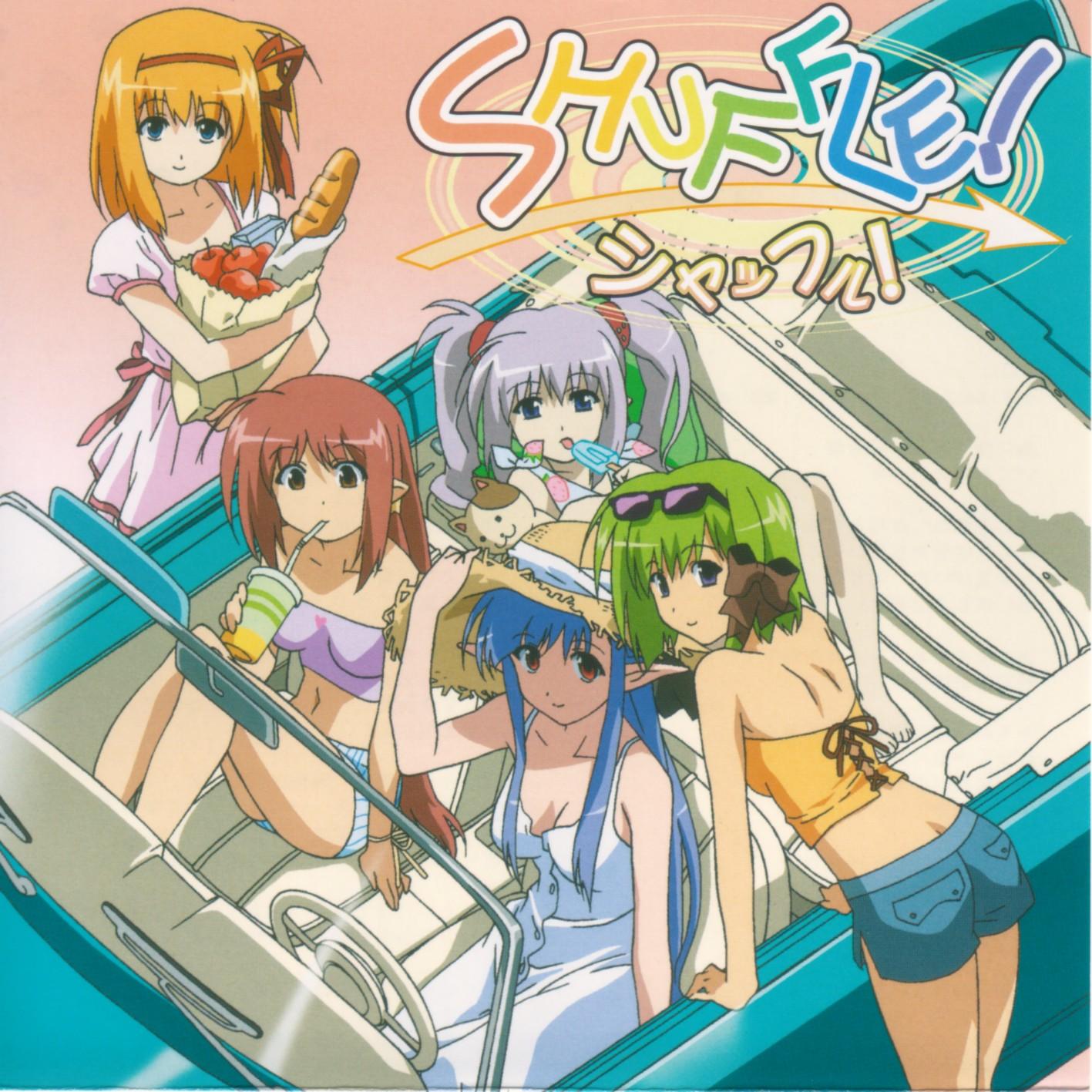 fuyou kaede, lisianthus, nerine, primula, shigure asa, shuffle!, silver hair, highres, non-web source, official art, 00s, 5girls, ahoge, apple, back, blouse, blue eyes, blue hair, bread, breasts, breasts apart, brown eyes, butt crack, car, car interior, cleavage, copyright name, dress, drinking, eating, food, food print, from above, fruit, fruit print, gradient background, green hair, left-hand drive, legs together, long hair, motor vehicle, multiple girls, orange hair, orange shirt, pink background, pointy ears, popsicle, purple eyes, purple shirt, red eyes, red hair, shirt, short hair, short hair with long locks, short shorts, shorts, standing, strapless, strawberry print, sunglasses, tube top, very long hair