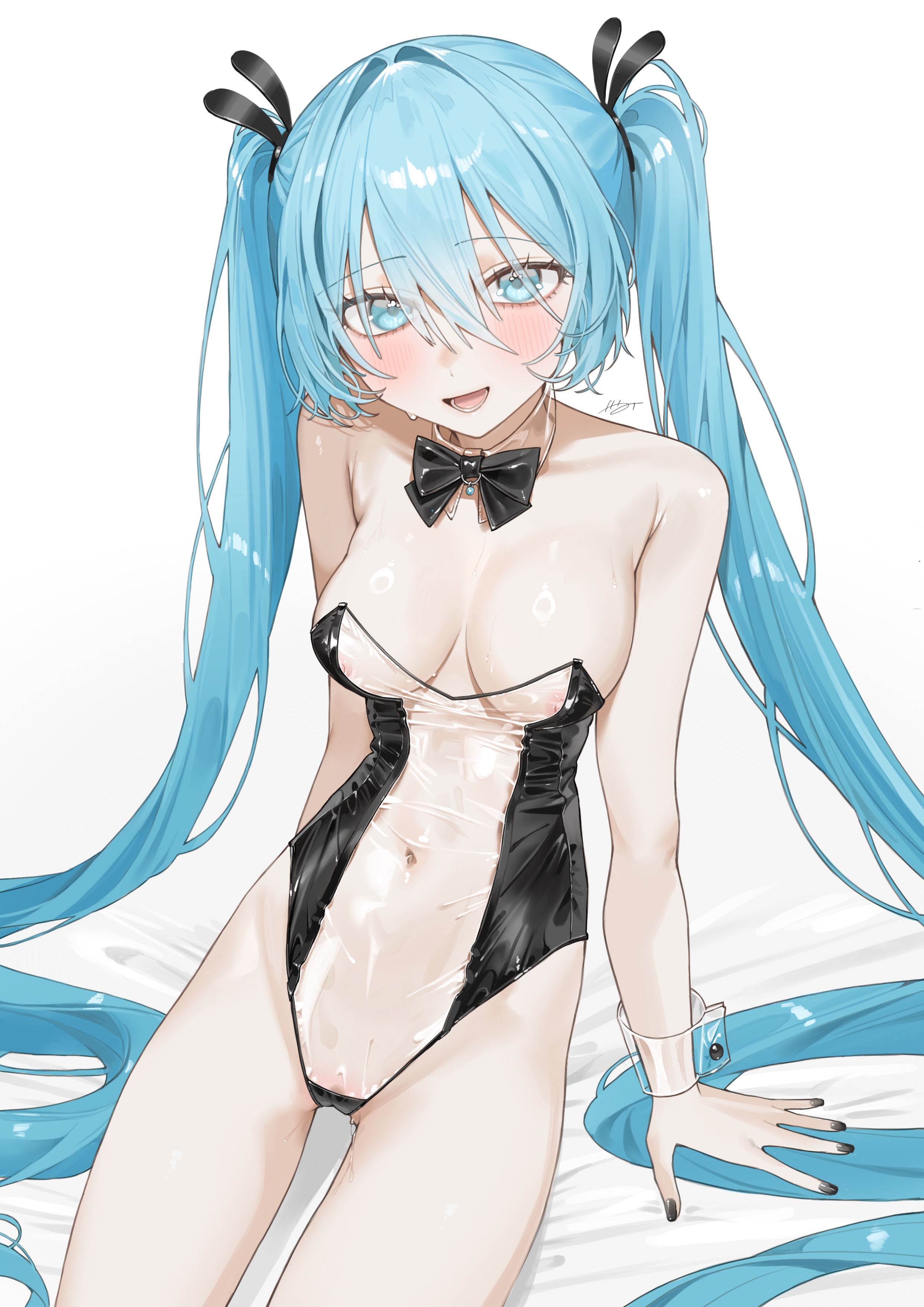 hakai orz, hatsune miku, vocaloid, absurdres, commentary request, highres, 1girl, :d, aqua eyes, aqua hair, black bow, black bowtie, black nails, bow, bowtie, breasts, detached collar, large breasts, leotard, long hair, looking at viewer, lower teeth only, nipple slip, nipples, open mouth, playboy bunny, see-through clothes, see-through leotard, see-through wrist cuffs, simple background, smile, solo, teeth, thighs, tongue, twintails, very long hair, white background, wrist cuffs