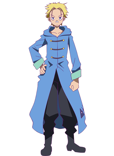 ootsu nao, heion sedai no idaten-tachi, official art, 1boy, anime coloring, black boots, black pants, blue coat, blue eyes, boots, clenched hand, closed mouth, coat, collarbone, cory (heion sedai no idaten-tachi), full body, hand on own hip, hood, hood down, long sleeves, looking at viewer, pants, short hair, simple background, solo, spiked hair, standing, transparent background, tsurime, v-shaped eyebrows, very short hair