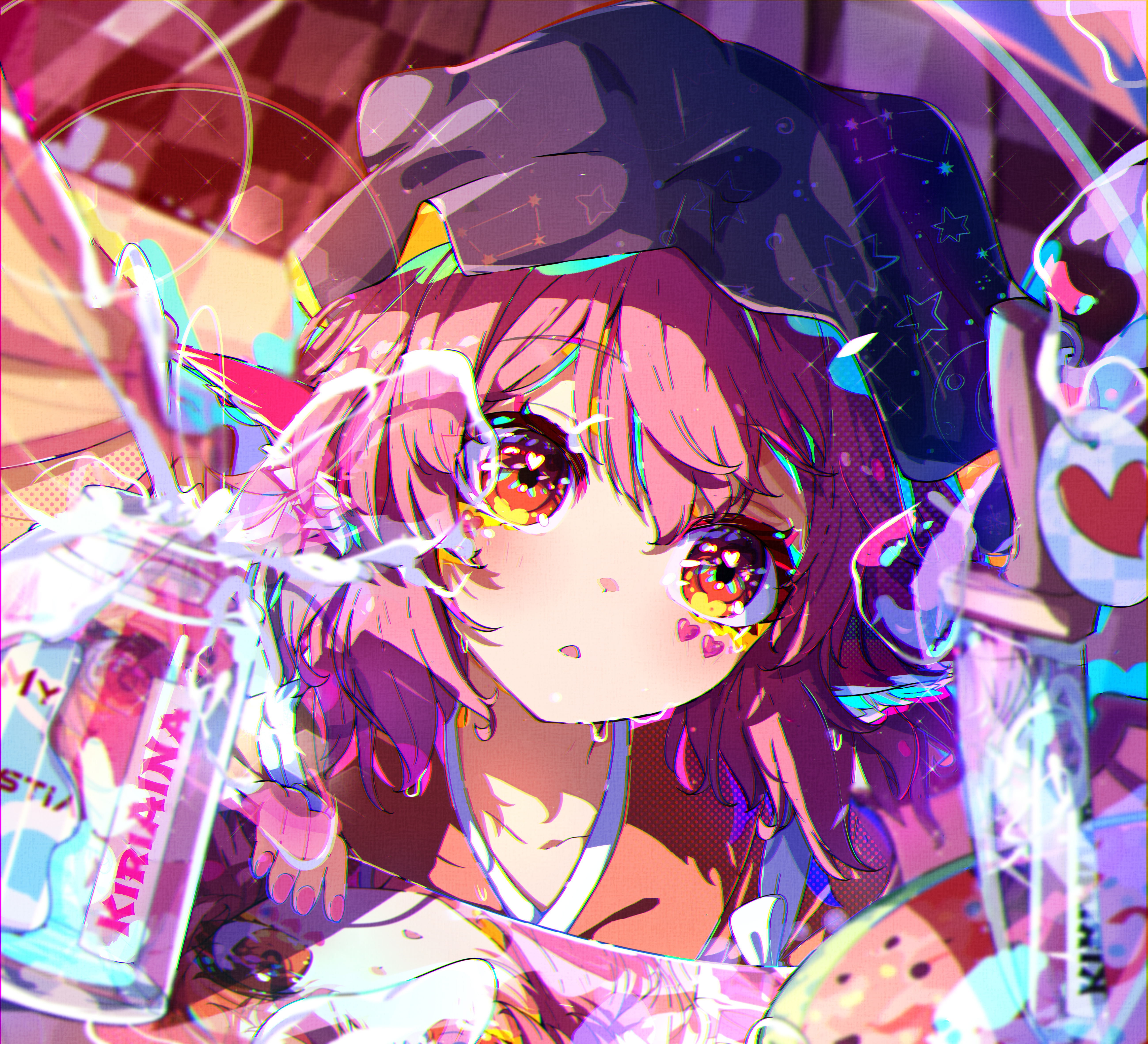 kiriaina, mystia lorelei, okamisty, touhou, absurdres, commentary, highres, 1girl, artist name, blush, brown eyes, brown headscarf, brown kimono, collarbone, headscarf, japanese clothes, kimono, looking at viewer, open mouth, pink hair, portrait, short hair, solo