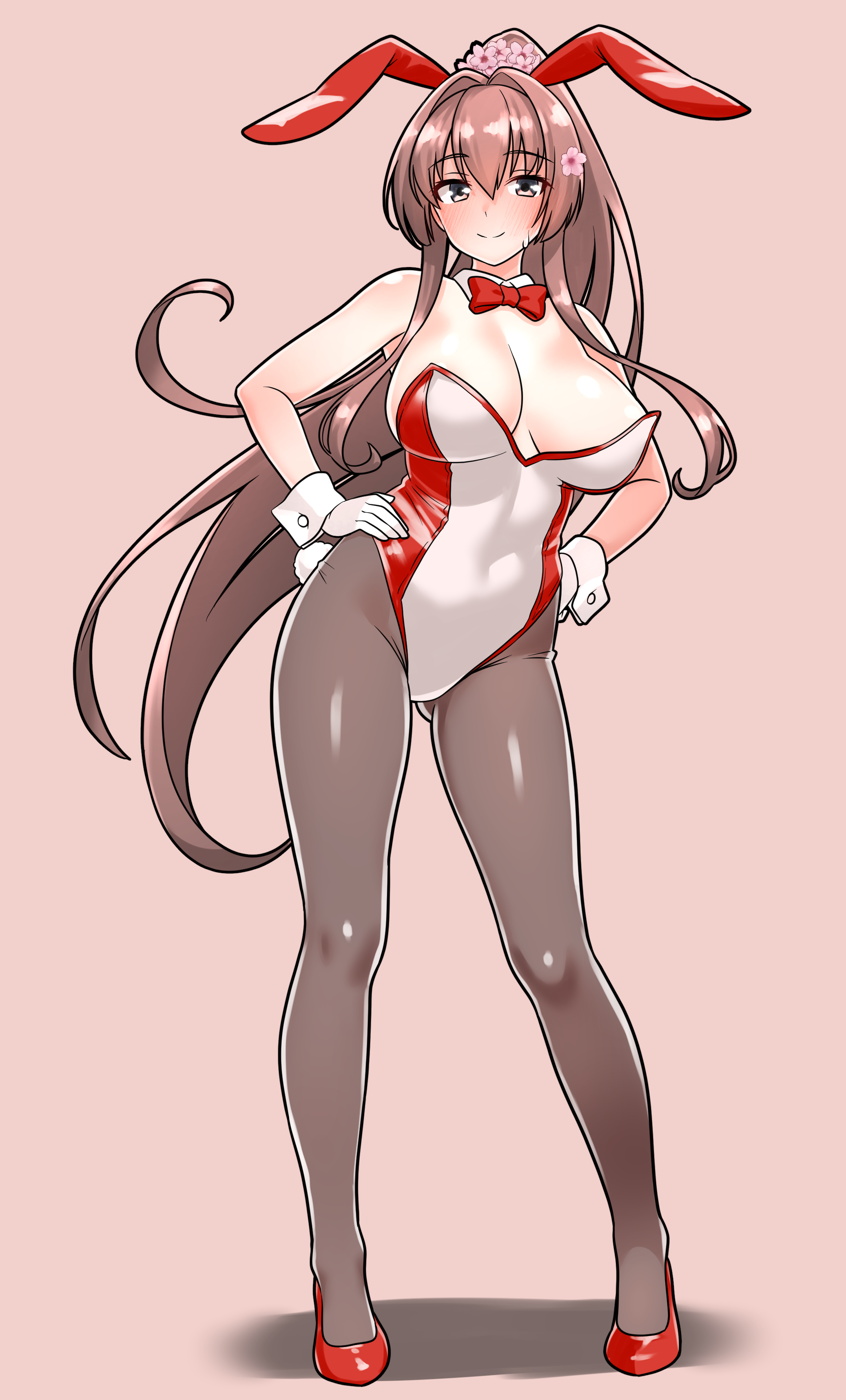 furaggu (frag 0416), yamato (kancolle), kantai collection, absurdres, highres, variant set, 1girl, animal ears, bow, bowtie, brown background, brown eyes, brown hair, closed mouth, covered navel, detached collar, fake animal ears, full body, hands on own hips, leotard, long hair, playboy bunny, ponytail, rabbit ears, red bow, red bowtie, red shoes, shoes, simple background, smile, solo, standing, very long hair, white wrist cuffs, wrist cuffs