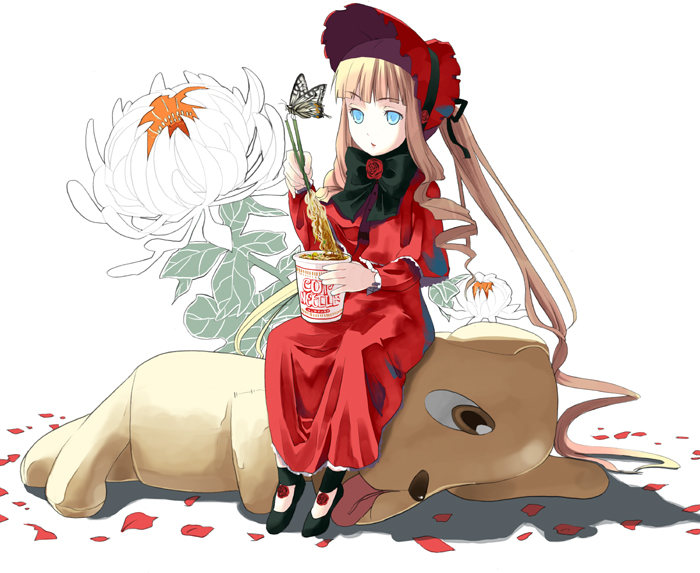 b-ginga, kunkun, shinku, rozen maiden, 00s, 1girl, blonde hair, blue eyes, bug, butterfly, chopsticks, eating, female focus, flower, food, insect, long hair, nissin cup noodle, noodles, petals, ramen, rose, solo, very long hair