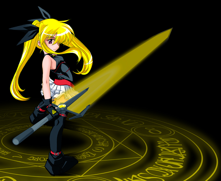 bardiche (nanoha), fate testarossa, lyrical nanoha, mahou shoujo lyrical nanoha, mahou shoujo lyrical nanoha a's, artist request, 00s, 1girl, belt, black background, black gloves, black leotard, black shoes, black thighhighs, blonde hair, dark, energy sword, female focus, gloves, greatsword, leotard, long hair, looking at viewer, magic circle, miniskirt, red belt, red eyes, shoes, skirt, solo, standing, sword, thighhighs, twintails, weapon, white skirt