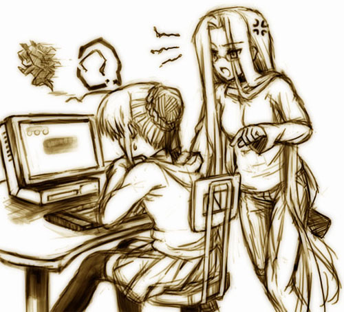 cea se, artoria pendragon (fate), medusa (fate), medusa (rider) (fate), saber (fate), tohsaka rin, fate/stay night, fate (series), lowres, 00s, 3girls, ?, anger vein, brown theme, chair, computer, computer keyboard, long hair, monochrome, multiple girls, sketch, spoken question mark, square pupils, thighhighs, very long hair