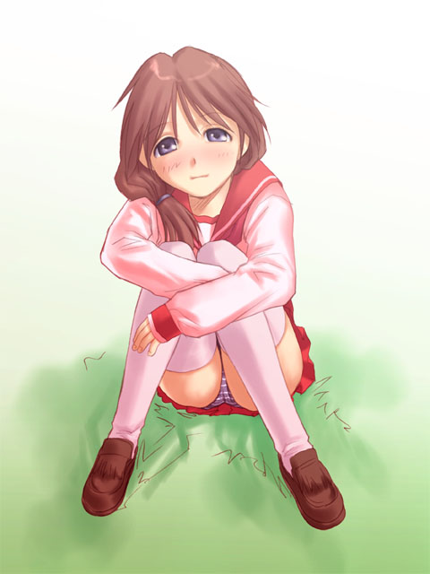sakaki imasato, komaki ikuno, to heart (series), to heart 2, 00s, blue eyes, blush, brown hair, long hair, miniskirt, panties, pantyshot, pink thighhighs, pleated skirt, purple panties, school uniform, serafuku, shoes, sitting, skirt, solo, striped clothes, striped panties, thighhighs, underwear, upskirt
