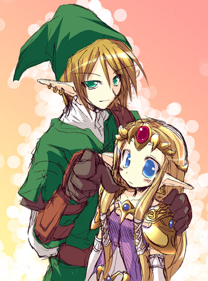 satou kibi, link, princess zelda, young zelda, nintendo, the legend of zelda, the legend of zelda: twilight princess, 1boy, 1girl, armor, blonde hair, blue eyes, blush, couple, crown, dress, ear piercing, earrings, elbow gloves, gloves, green eyes, grin, hat, hetero, holding, jewelry, long hair, looking at viewer, pauldrons, piercing, pointing, pointing at viewer, pointy ears, short hair, shoulder armor, sketch, smile, tiara, triforce, tunic, you gonna get raped