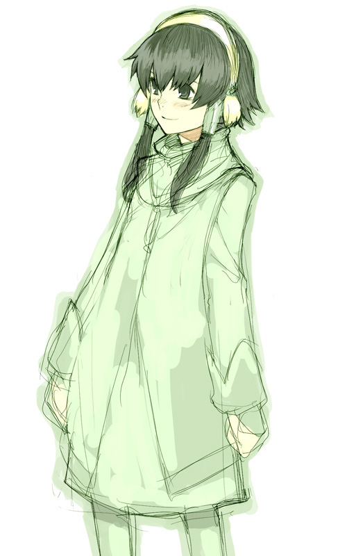 yu 65026, ion (tales), tales of (series), tales of the abyss, 00s, 1boy, androgynous, bishounen, blush, cloak, earmuffs, green eyes, green hair, green theme, hair tubes, hairband, long sleeves, male focus, matching hair/eyes, short hair, short hair with long locks, simple background, smile, solo, standing, white background