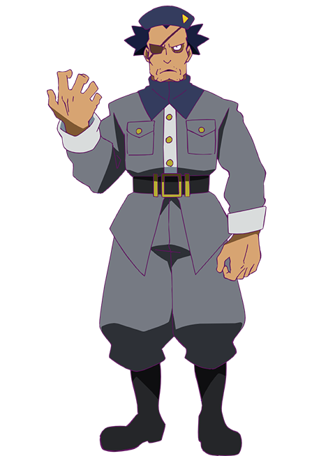 ootsu nao, heion sedai no idaten-tachi, official art, 1boy, anime coloring, beard, belt, black belt, black boots, black eyes, black hair, blue hat, boots, closed eyes, closed mouth, collared jacket, eyepatch, facial hair, full body, grey jacket, grey pants, hair slicked back, hand up, hat, jacket, long sleeves, looking at viewer, mature male, military hat, muscular, muscular male, neput (heion sedai no idaten-tachi), one eye covered, open hand, pants, shirt, short hair, simple background, solo, spiked hair, standing, stubble, transparent background, untucked shirt