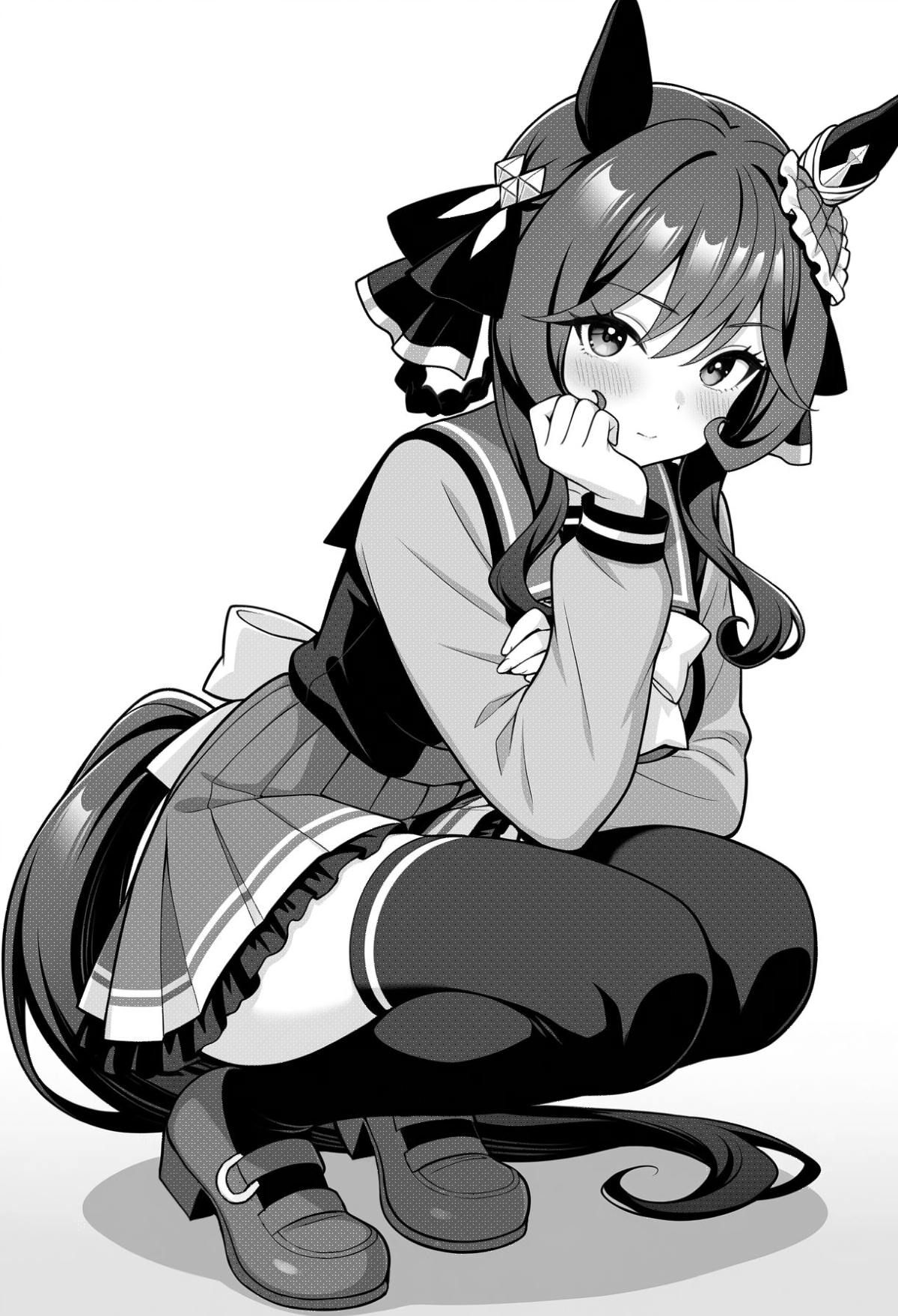 akagi koku, gentildonna (umamusume), umamusume, commentary, highres, 1girl, animal ears, back bow, blush, bow, bowtie, closed mouth, frilled skirt, frills, full body, greyscale, hand up, horse ears, horse girl, horse tail, long hair, long sleeves, looking at viewer, monochrome, pleated skirt, sailor collar, school uniform, shoes, simple background, skirt, solo, squatting, tail, thighhighs, tracen school uniform, winter uniform, zettai ryouiki