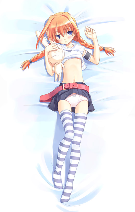 poco (asahi age), vita (nanoha), lyrical nanoha, mahou shoujo lyrical nanoha, mahou shoujo lyrical nanoha a's, 00s, 1girl, arm garter, belt, blue eyes, bow, bow panties, braid, clothes lift, female focus, lying, midriff, miniskirt, navel, on back, orange hair, panties, pantyshot, red hair, shirt, shirt lift, skirt, solo, striped clothes, striped thighhighs, stuffed animal, stuffed rabbit, stuffed toy, t-shirt, thighhighs, twin braids, underwear, upskirt, white panties
