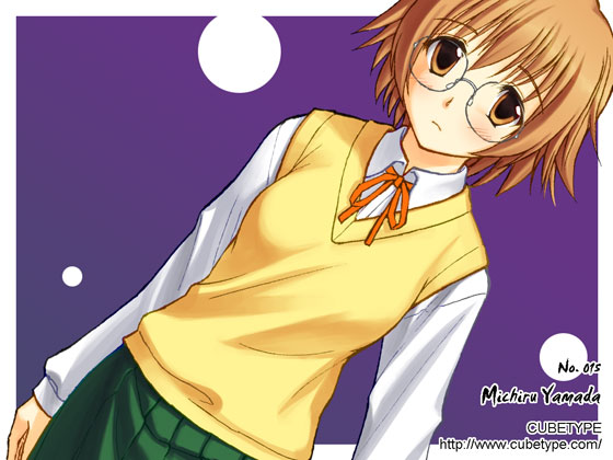 yuuki keisuke, yamada michiru, to heart (series), to heart 2, 00s, 1girl, blush, brown eyes, brown hair, female focus, glasses, purple background, school uniform, serafuku, short hair, skirt, solo, sweater vest, watermark, web address