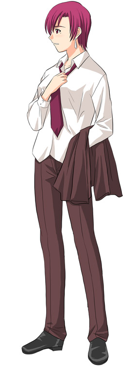 toshibou (satsukisou), bazett fraga mcremitz, fate/hollow ataraxia, fate/stay night, fate (series), looking away, 00s, 1girl, adjusting clothes, dress shirt, earrings, female focus, formal clothes, full body, jacket, jewelry, necktie, pant suit, pants, red hair, shirt, shoes, short hair, simple background, solo, standing, suit, suit jacket, white background, white shirt