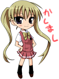 sawano akira, kurusu tomari, kashimashi, lowres, 00s, 1girl, blonde hair, blush, chibi, closed mouth, female focus, hand on own hip, simple background, solo, standing, twintails, white background
