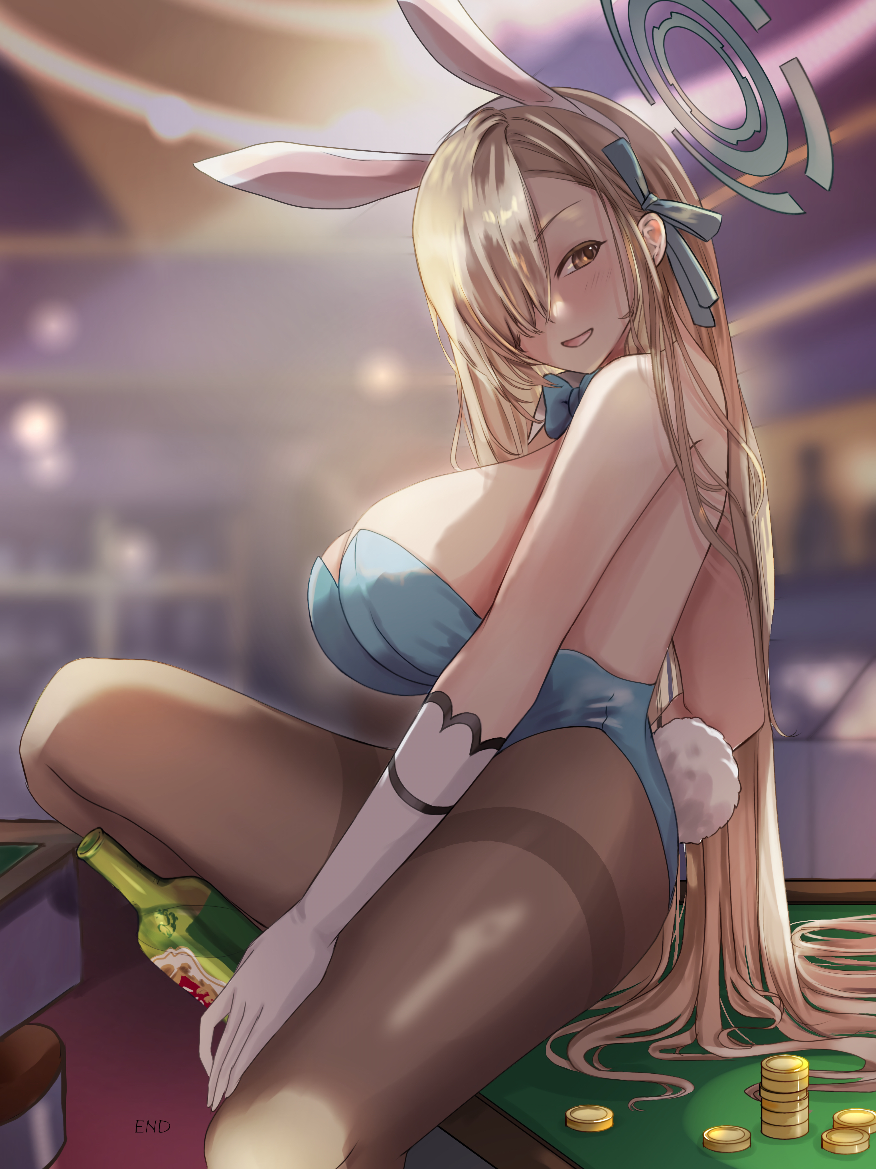 asuna (blue archive), asuna (bunny) (blue archive), blue archive, absurdres, highres, 1girl, alternate eye color, animal ears, bare shoulders, blonde hair, blue bow, blue bowtie, blue halo, blue leotard, blush, bottle, bow, bowtie, breasts, brown eyes, detached collar, end1018aki, fake animal ears, fake tail, gloves, hair over one eye, halo, large breasts, leotard, long hair, looking at viewer, official alternate costume, open mouth, pantyhose, poker chip, rabbit ears, rabbit tail, sitting, sitting on table, solo, strapless, strapless leotard, tail, thighband pantyhose, thighs, very long hair, white gloves, wine bottle