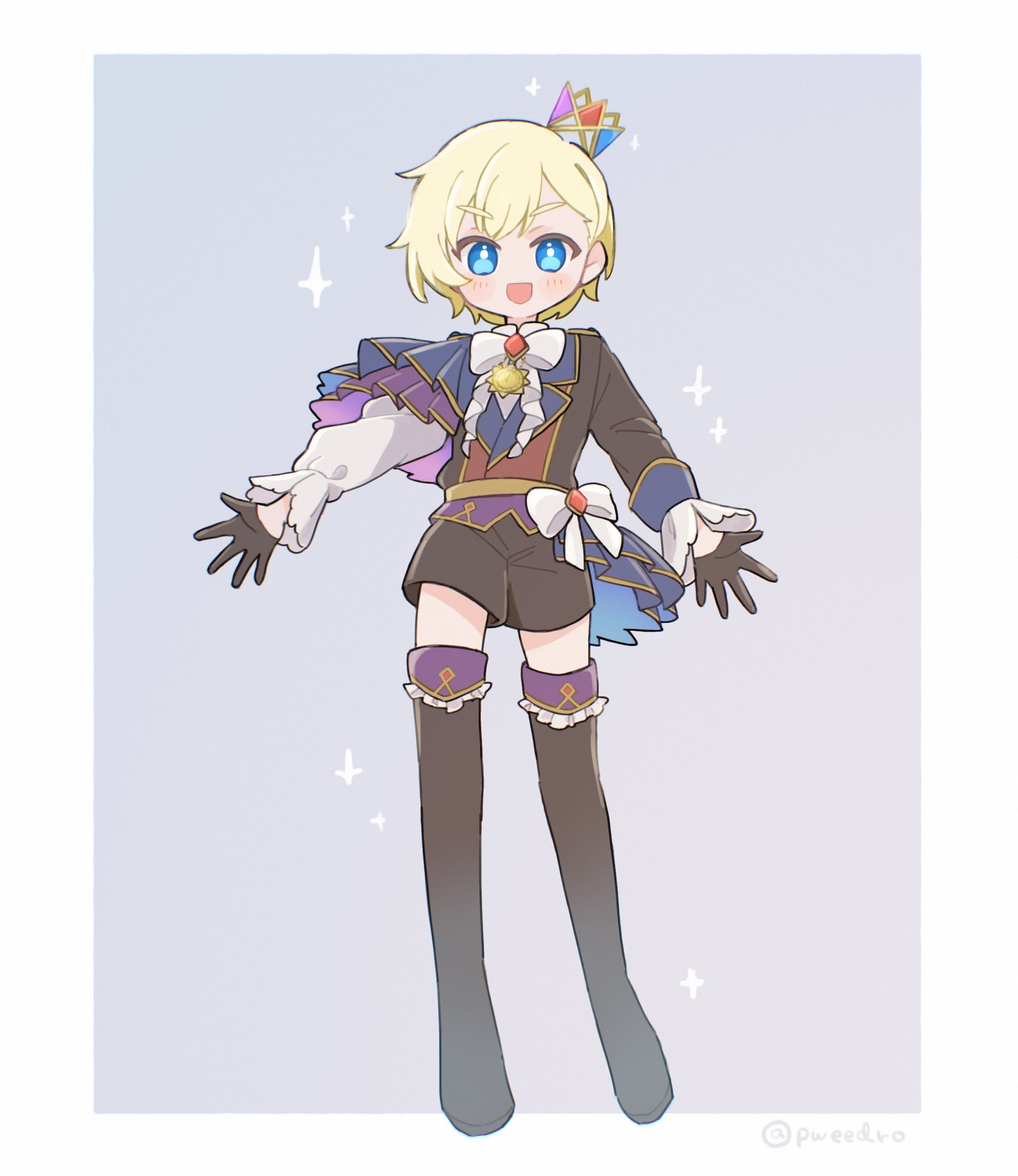poro (pweedro), yumekawa shogo, idol time pripara, pretty series, pripara, highres, 1boy, :d, black boots, black gloves, black shorts, blonde hair, blue eyes, boots, crown, full body, gloves, grey background, idol clothes, jacket, long sleeves, looking at viewer, male focus, mini crown, neck ribbon, open mouth, ribbon, short hair, shorts, smile, solo, sparkle, standing, thigh boots, white jacket, white ribbon