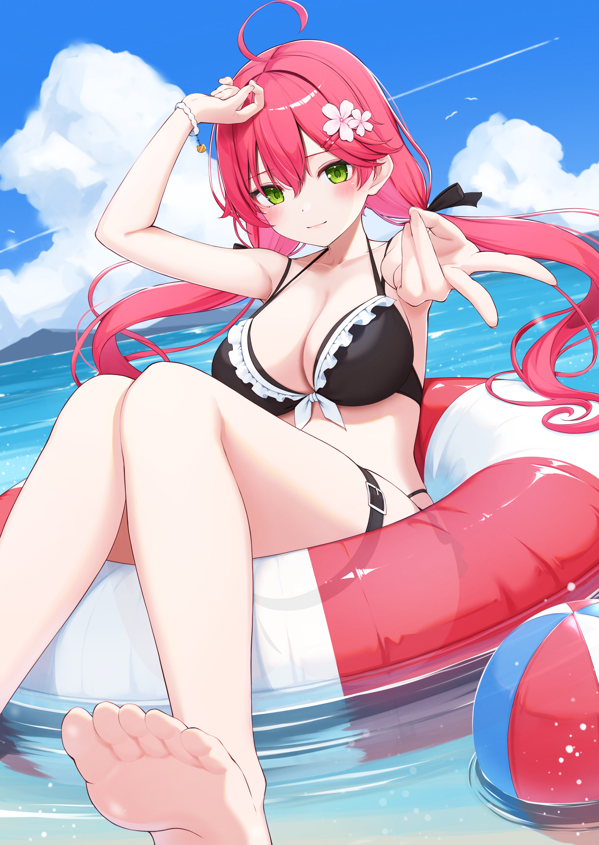 nyan (reinyan 007), sakura miko, hololive, absurdres, commentary request, highres, 1girl, ball, beachball, bikini, black bikini, blush, breasts, cleavage, closed mouth, green eyes, long hair, looking at viewer, on innertube, pink hair, smile, solo, swimsuit, thighs, virtual youtuber