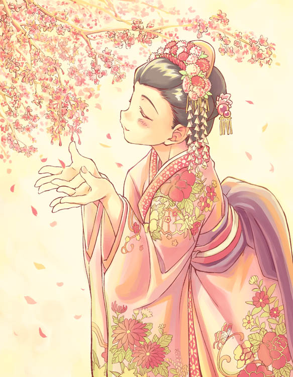 mil (xration), original, 1girl, black hair, cherry blossoms, female focus, fingernails, floral print, flower, hair flower, hair ornament, japanese clothes, kimono, obi, petals, plant, sash, short hair, simple background, solo, tree, yellow background