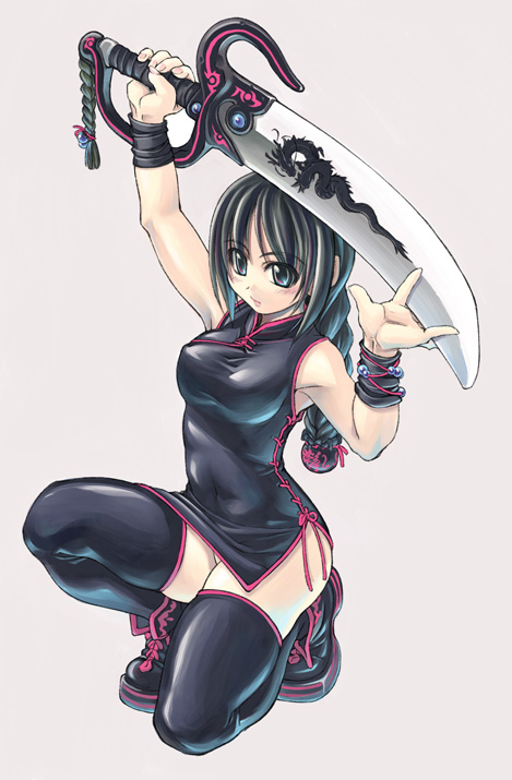 mil (xration), 1girl, black hair, black theme, braid, china dress, chinese clothes, dao (weapon), dragon, dress, female focus, single braid, solo, sword, thighhighs, weapon
