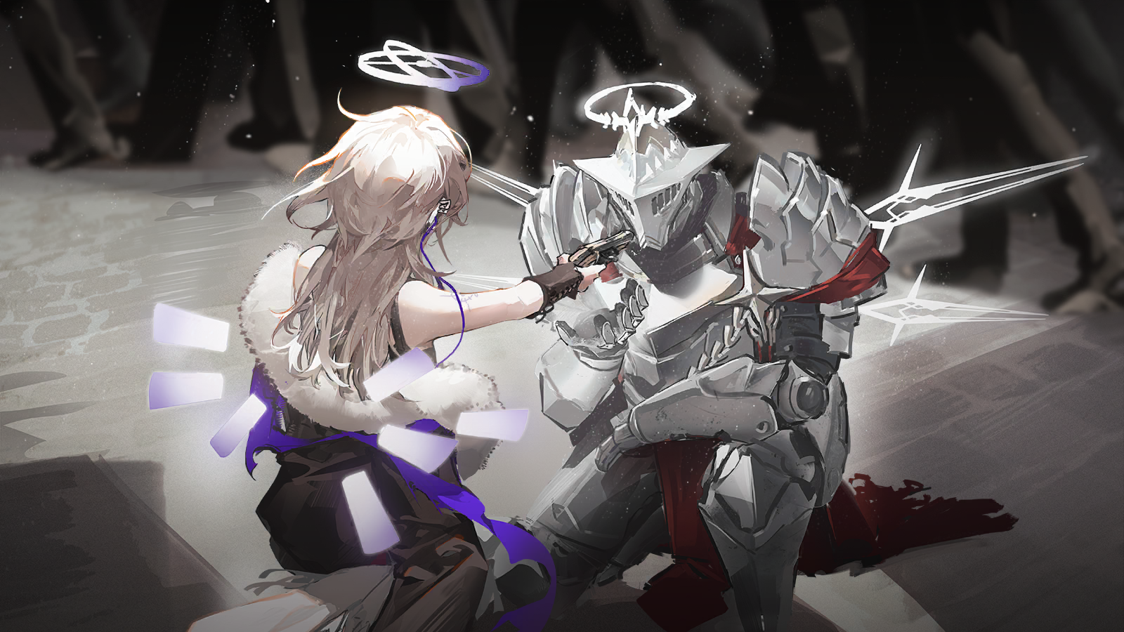 arknights, game cg, highres, official art, third-party source, 1boy, 1girl, aiming at another, armor, at gunpoint, blonde hair, brown jacket, detached wings, energy wings, full armor, fur-trimmed jacket, fur trim, gun, halo, holding, holding gun, holding weapon, jacket, long hair, on one knee, outdoors, people, sankta miksaparato (arknights), valene (arknights), weapon, wings