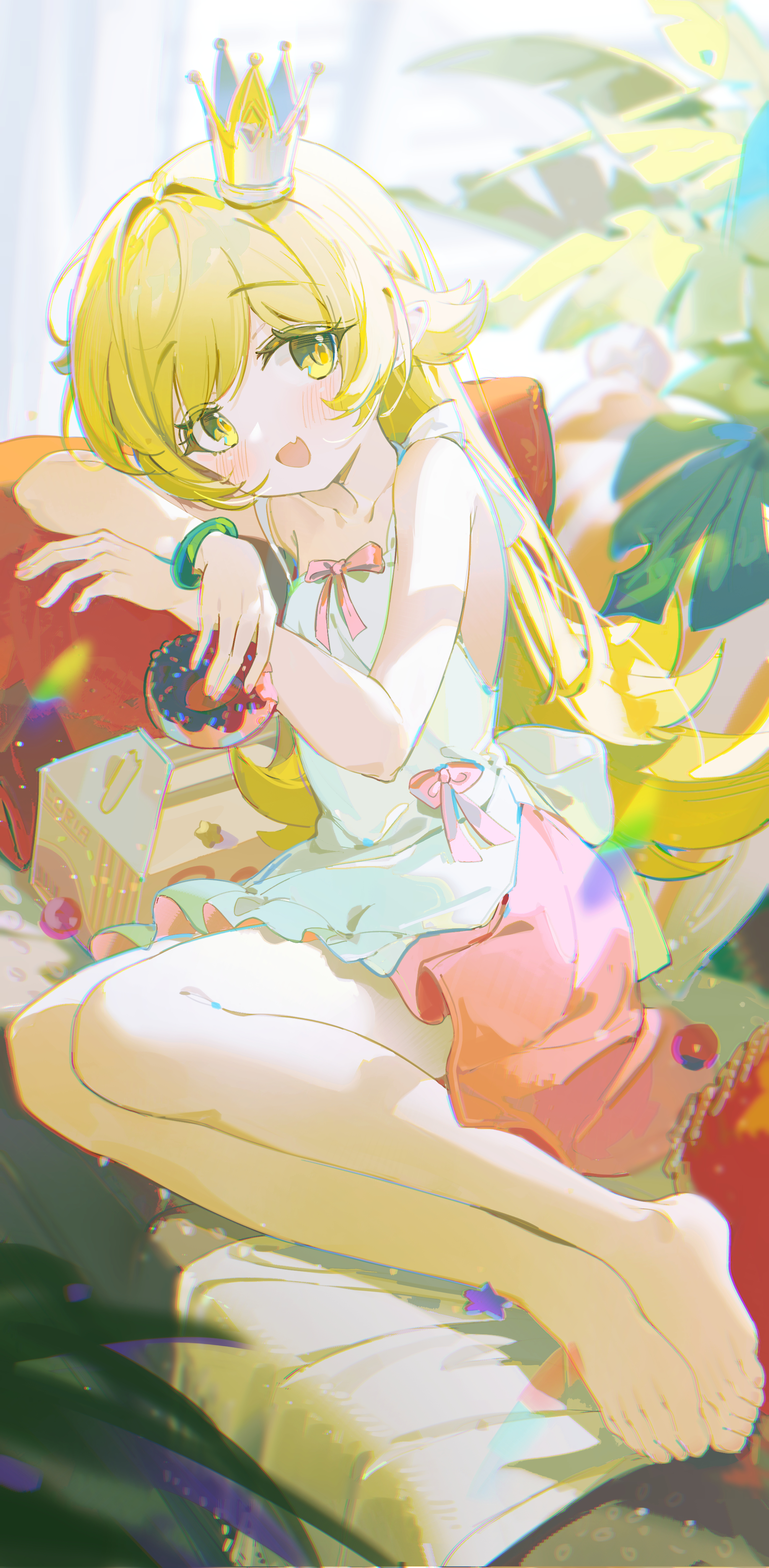 coria, oshino shinobu, monogatari (series), absurdres, highres, 1girl, bare shoulders, barefoot, blonde hair, blurry, blurry background, bracelet, breasts, couch, crown, donut, fang, food, holding, holding donut, holding food, indoors, jewelry, long hair, looking at viewer, mini crown, on couch, open mouth, sleeveless, small breasts, smile, solo, yellow eyes