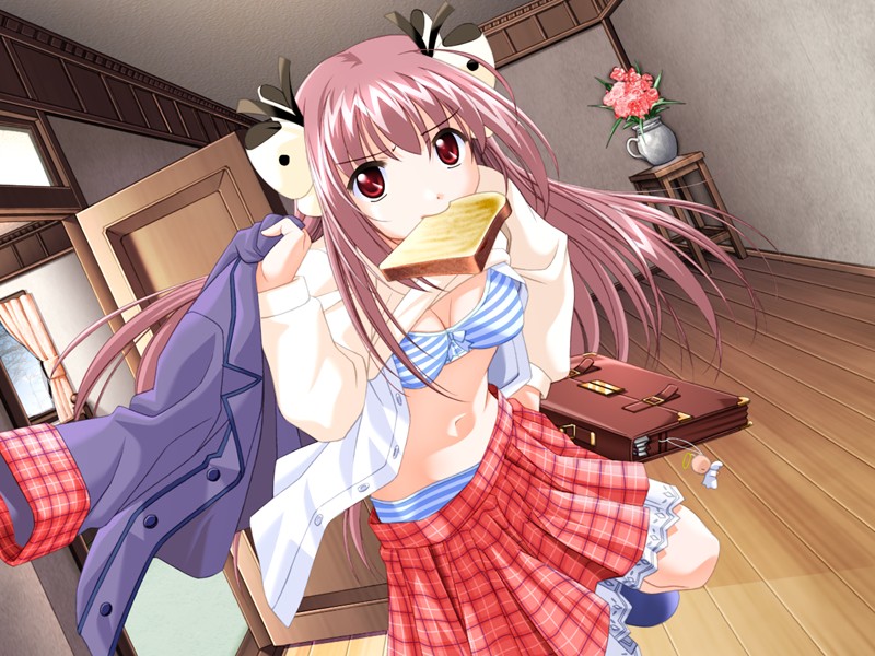 ojiri shin'ya, tsuwabuki shizuku, harumachi kagerou, striped, game cg, 1girl, bag, bra, bread, bread slice, brown eyes, brown hair, butterfly hair ornament, dressing, female focus, food, food in mouth, hair ornament, jacket, lingerie, mouth hold, panties, pantyshot, running, school bag, school uniform, serafuku, shirt, skirt, solo, toast, toast in mouth, underwear, upskirt