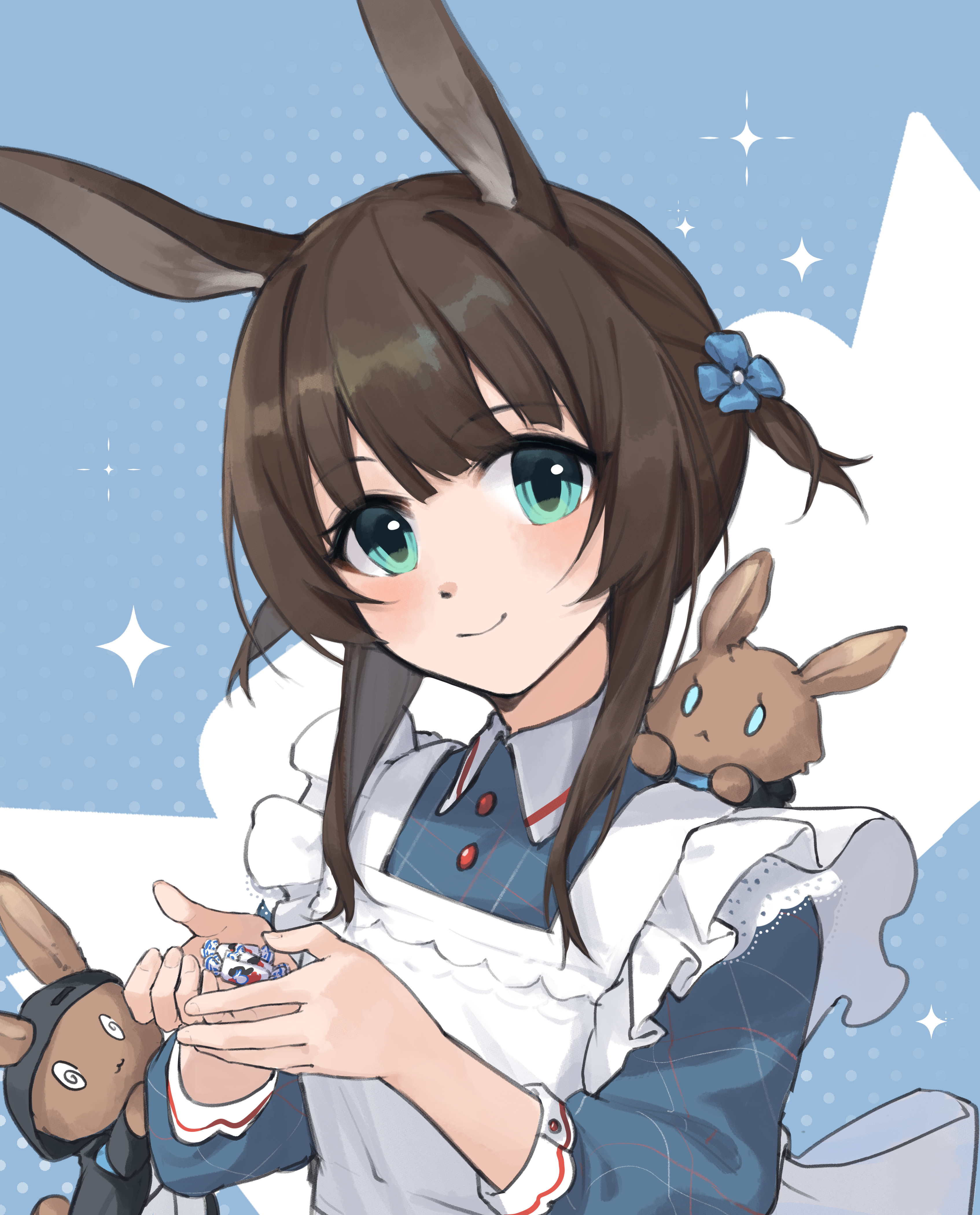 xia bao (wulalala), amiya (arknights), arknights, absurdres, commentary, highres, symbol-only commentary, 1girl, animal ears, apron, blue dress, blue flower, blush, brown hair, buttons, candy, closed mouth, collared dress, contrast collar, dress, fingernails, flower, food, frilled apron, frills, green eyes, hair flower, hair ornament, holding, holding candy, holding food, looking at viewer, maid apron, short hair, sidelocks, smile, solo, three-quarter sleeves, upper body, white apron