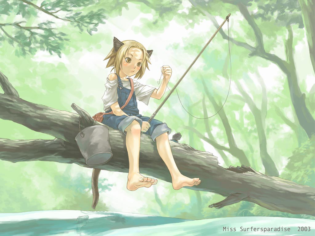 totoya, miss surfersparadise, original, 00s, 1girl, 2003, :t, animal, animal ears, bag, barefoot, blonde hair, bucket, cat ears, cat tail, day, denim, feet, female focus, fish, fish hook, fishing, fishing rod, foot dangle, forest, holding, holding fishing rod, in tree, nature, off shoulder, outdoors, overalls, pants, pants rolled up, shirt, short hair, shoulder bag, sitting, sitting in tree, soles, solo, tail, toes, tree, water, white shirt, yellow eyes