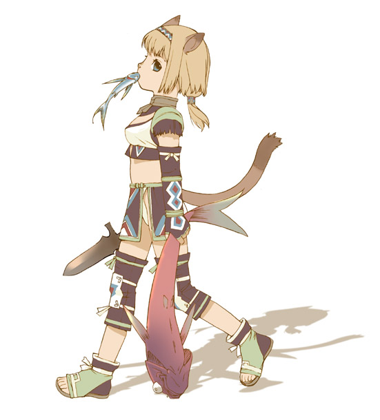 mithra (ff11), final fantasy, final fantasy xi, 00s, 1girl, animal ears, blonde hair, blue eyes, brown hair, cat ears, cat girl, cat tail, detached sleeves, female focus, fish, green eyes, knife, open-toe shoes, ponytail, shoes, short hair, short ponytail, solo, tail