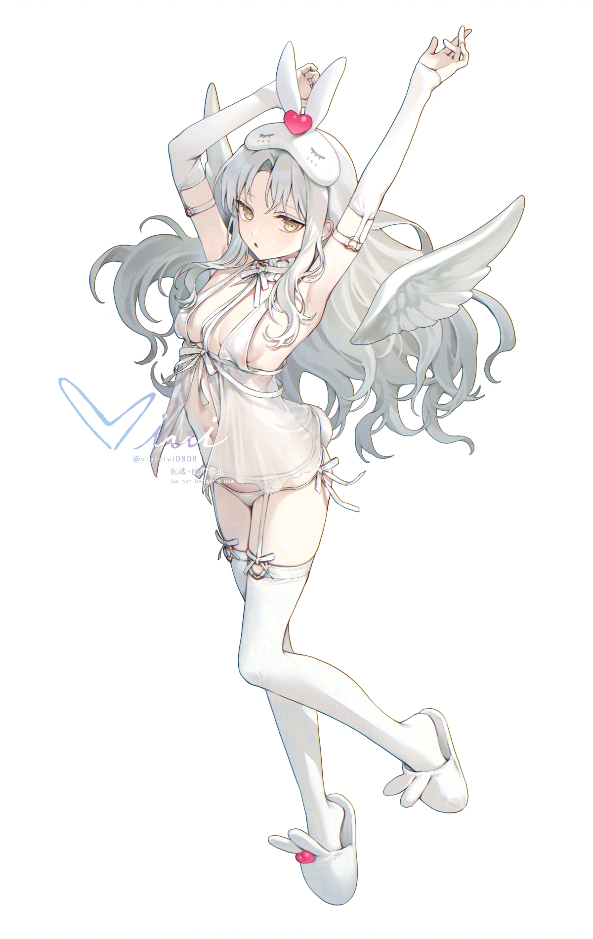 siiqa vivi, caren hortensia, caren hortensia (amor caren) (first ascension), fate/grand order, fate (series), highres, 1girl, alternate costume, animal ears, animal slippers, armpits, arms up, breasts, detached wings, fake animal ears, floating hair, full body, garter straps, grey hair, long hair, looking at viewer, multicolored hair, panties, parted lips, rabbit ears, simple background, slippers, solo, standing, thighhighs, underwear, white background, white garter straps, white hair, white panties, white slippers, white thighhighs, wings, yellow eyes