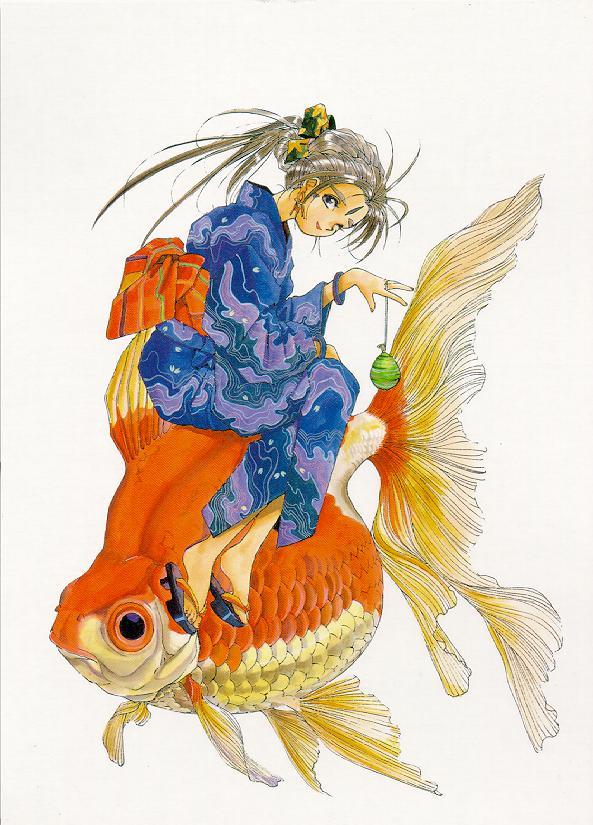 fujishima kousuke, belldandy, aa megami-sama, jpeg artifacts, 1990s (style), 1girl, blue kimono, bracelet, facial mark, female focus, fish, forehead mark, goldfish, japanese clothes, jewelry, kimono, looking at viewer, looking back, mini person, minigirl, retro artstyle, simple background, solo, water yoyo, white background, yukata