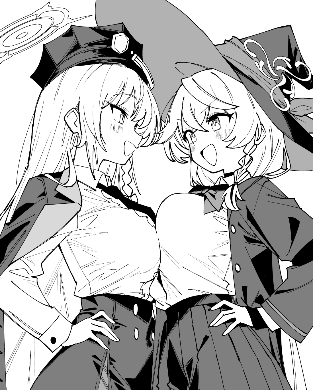 shigatsu shizuki, eri (blue archive), haruna (blue archive), blue archive, highres, 2girls, bow, bowtie, braid, breast press, breasts, greyscale, halo, hand on own hip, hat, jacket, jacket on shoulders, large breasts, long hair, monochrome, multiple girls, necktie, pleated skirt, side braid, skirt, symmetrical docking, witch hat