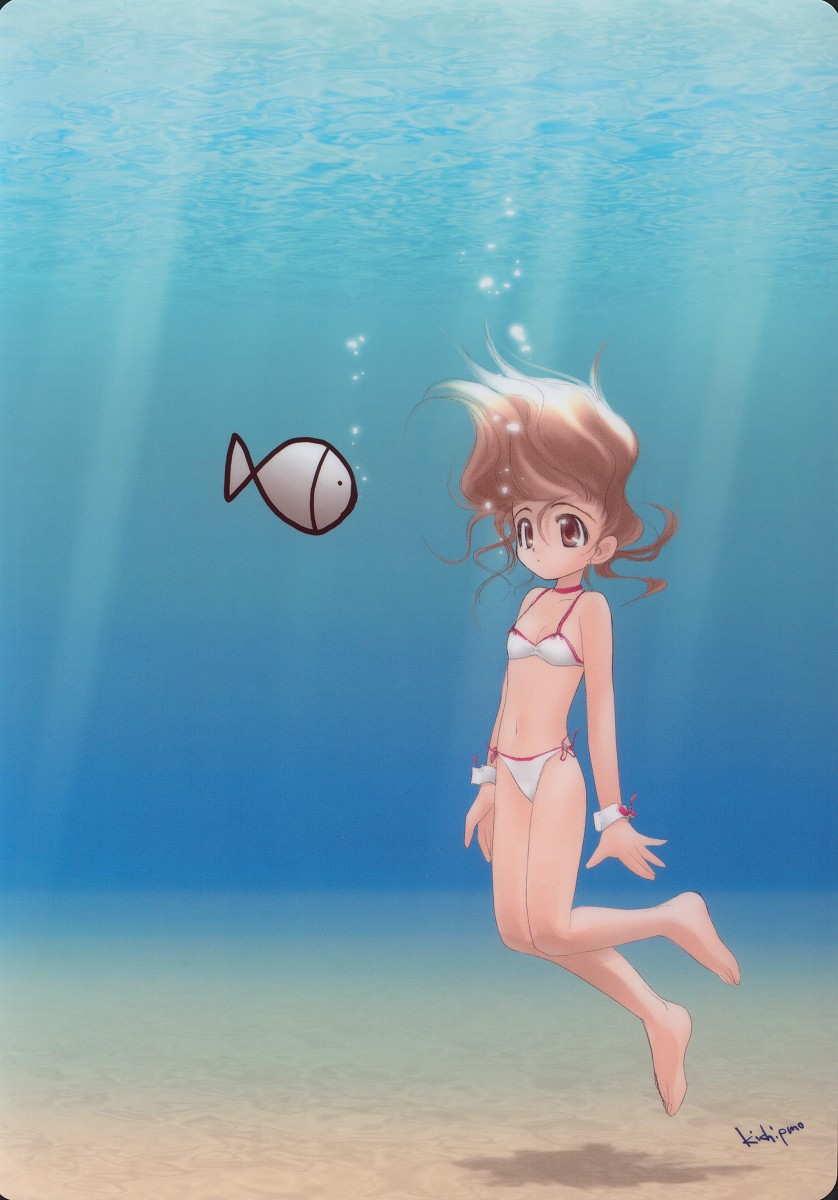 kichiemo, highres, scan, 1girl, bad anatomy, barefoot, bikini, brown eyes, brown hair, bubble, choker, feet, female focus, fish, flat chest, floating hair, freediving, light rays, loli, poorly drawn, shadow, side-tie bikini bottom, signature, solo, sunbeam, sunlight, swimsuit, toes, underwater, wrist cuffs