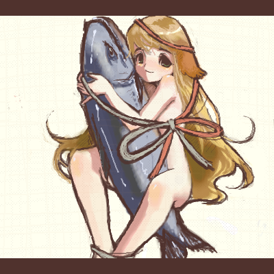 artist request, copyright request, lowres, tagme, 1girl, animal, animal ears, between legs, blonde hair, bow, closed mouth, dog ears, female focus, fish, flat chest, from side, grey eyes, grey ribbon, hug, invisible chair, letterboxed, light smile, loli, long hair, looking at viewer, mini person, minigirl, oekaki, red ribbon, ribbon, simple background, sitting, smile, solo, spread legs, string, very long hair, white background