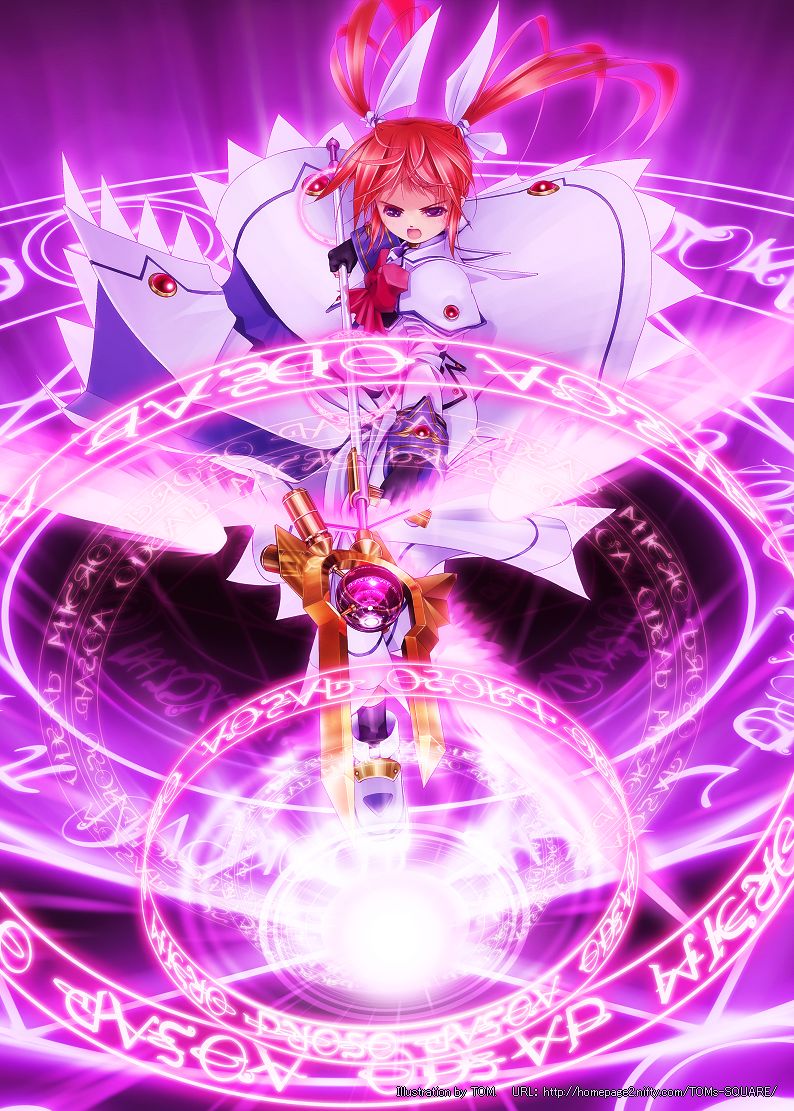 tom (1art.), raising heart, takamachi nanoha, lyrical nanoha, mahou shoujo lyrical nanoha, mahou shoujo lyrical nanoha a's, duplicate, 00s, 1girl, bow, energy wings, female focus, fingerless gloves, gloves, hair ribbon, long hair, magazine (weapon), magic circle, magical girl, purple eyes, red bow, red hair, ribbon, school uniform, serafuku, solo, twintails, watermark, web address, white devil, wings
