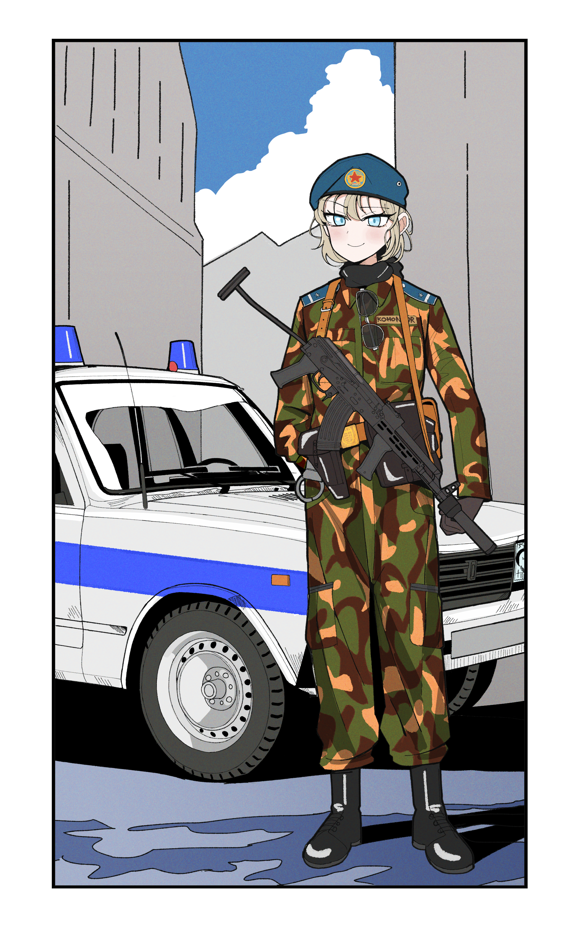 gulyas, lada (car), original, 1girl, akm, akms, amd-65, ammunition pouch, assault rifle, belt, belt buckle, belt pouch, beret, black boots, black gloves, black scarf, blonde hair, blue hat, blue sky, boots, breasts, buckle, camouflage, camouflage jacket, camouflage pants, car, city, clothes writing, cloud, combat boots, cuffs, folding stock, gloves, gun, gun sling, handcuffs, hat, holster, hungarian people's republic, hungary, jacket, kalashnikov rifle, lada riva, military uniform, motor vehicle, outside border, pants, police, police car, police uniform, policewoman, pouch, raised eyebrow, rifle, scarf, short hair, sky, small breasts, smile, sunglasses, sunglasses removed, suppressor, weapon, woodland camouflage