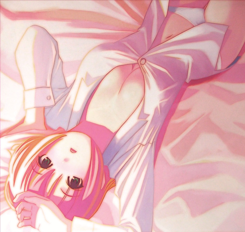 koutaro, rio rollins, super blackjack, 1girl, bed, breasts, brown hair, cleavage, dress shirt, female focus, green eyes, medium breasts, navel, open clothes, open shirt, panties, shirt, short hair, solo, thigh gap, thighs, underwear, white panties